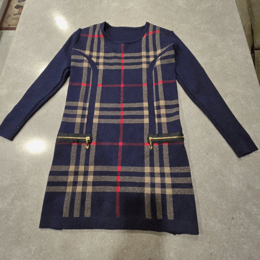 Navy Plaid Long Sleeve Sweater Tunic with Gold Zippers